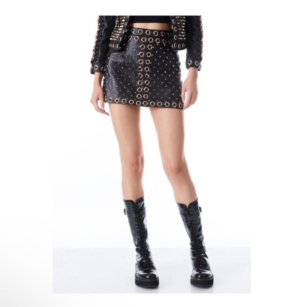 New! ALICE + OLIVIA Embellished Studded Leather Mini Skirt in Black - Picture 4 of 10